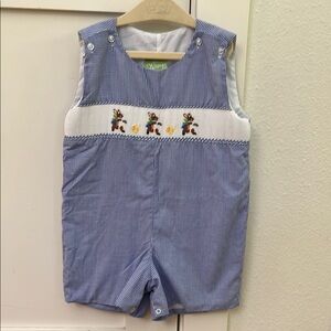 Blue and White Gingham Romper with Bunny smocking, worn once!